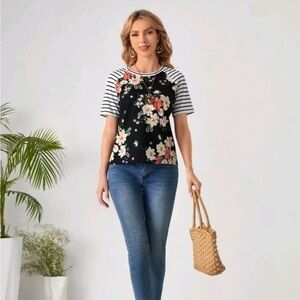 EMERY ROSE Floral & Striped Print Raglan Sleeve Oversized T-shirt Size Small